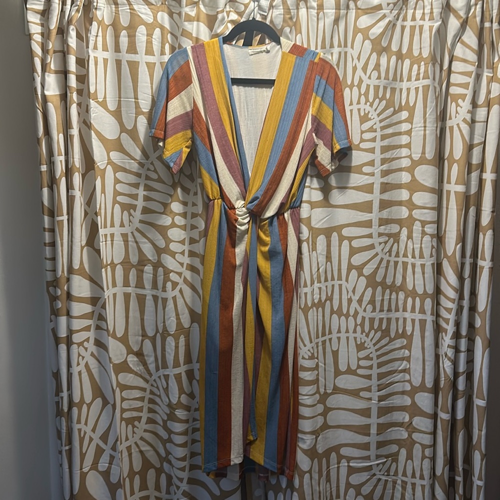 All in Favor deep v midi dress with twist at waist, bold stripes